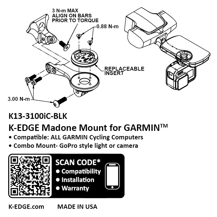 K-EDGE GARMIN Madone GEN 8 Combo 咪錶及攝錄機延伸碼 / K-EDGE GARMIN Gen. 8 Madone Combo Mount - Black
