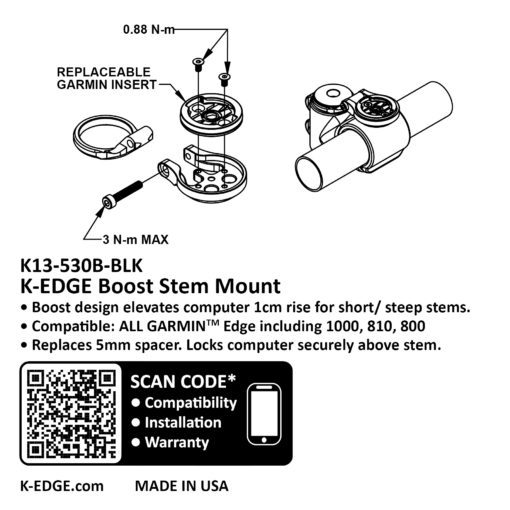 K-EDGE BOOST GARMIN STEM COMPUTER MOUNT超短叉管用咪錶延伸碼-BLACK 黑色-ADJUSTABLE可調教