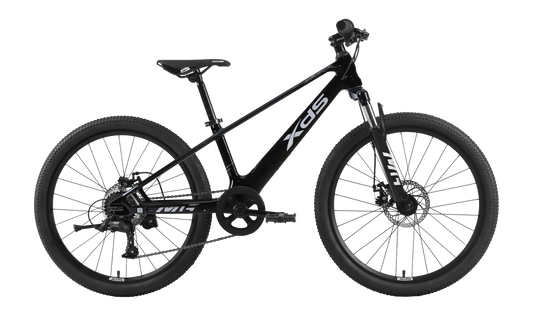 A side-view studio shot of a black XDS 20-inch children's mountain bike with a matte black frame, white XDS branding, front suspension fork, mechanical disc brakes, and rugged off-road tires against a dark, transparent background.