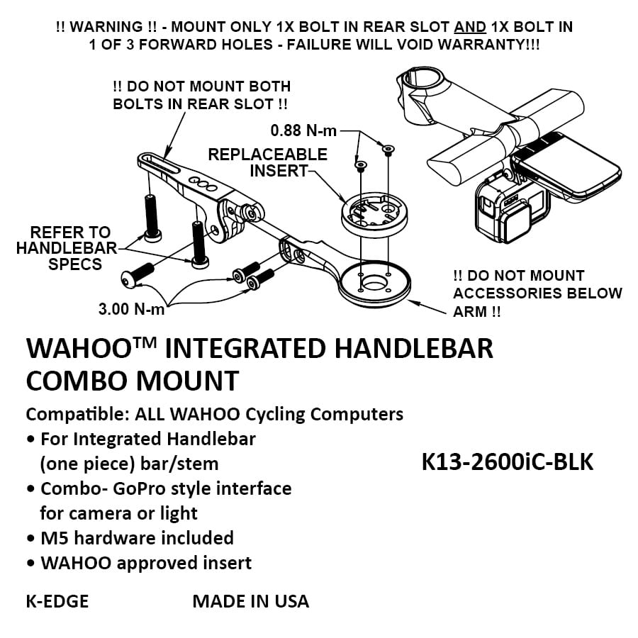 K-EDGE WAHOO Wahoo Integrated Handlebar System Combo Mounts Integrated front handle meter and camera extension code (black)